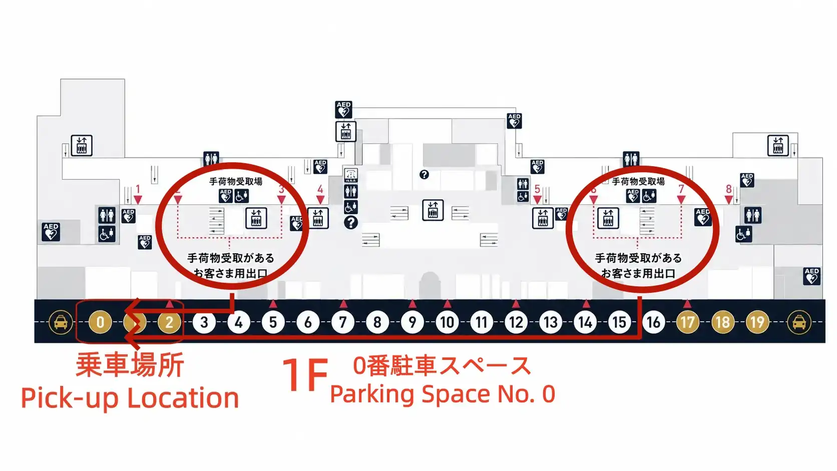 羽田空港第1ターミナル1F到着ロビーから0番ハイヤー乗り場までの行き方・集合場所案内