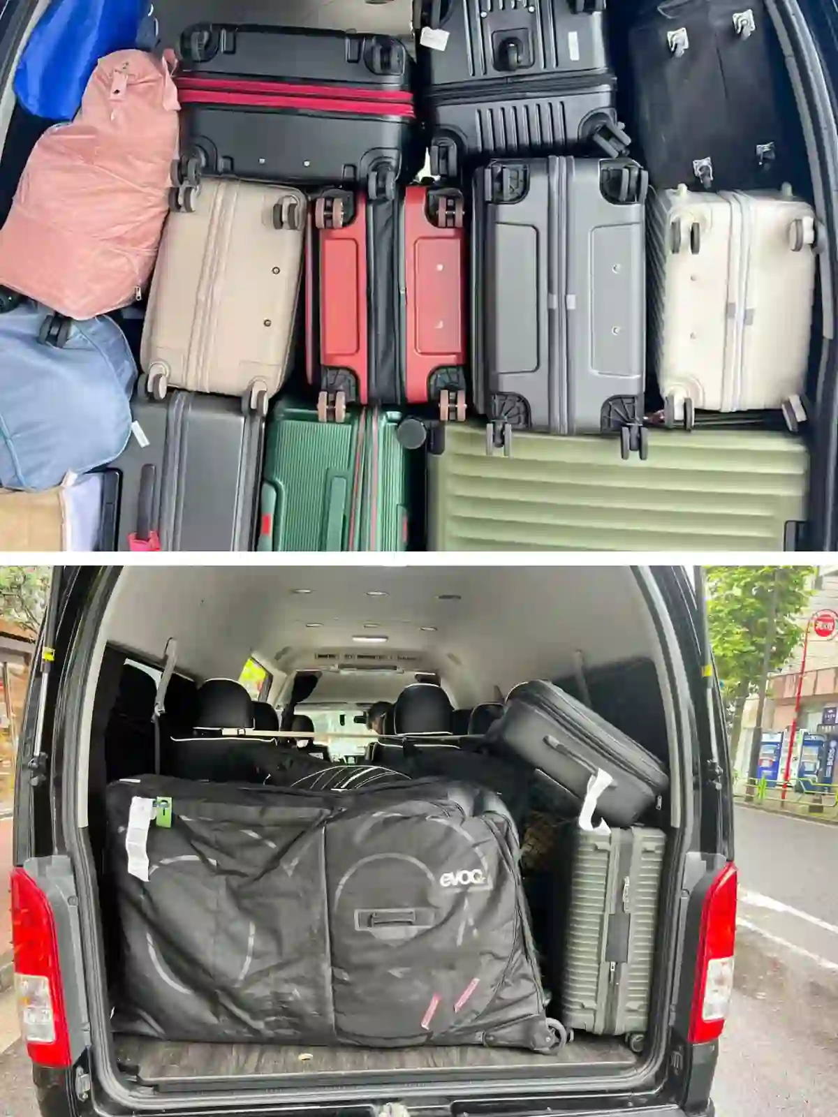 Toyota HiAceの荷室に複数の大型スーツケースを積載した実例